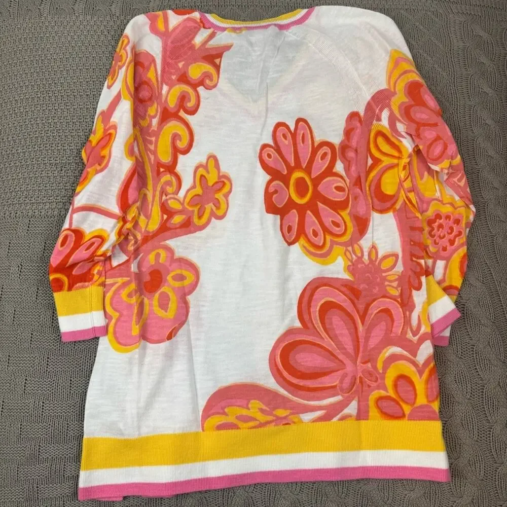 Talbots Floral V-Neck Sweater - Pink and Yellow Mod ~ Small